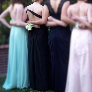 Black one shoulder, open back sequined prom dress